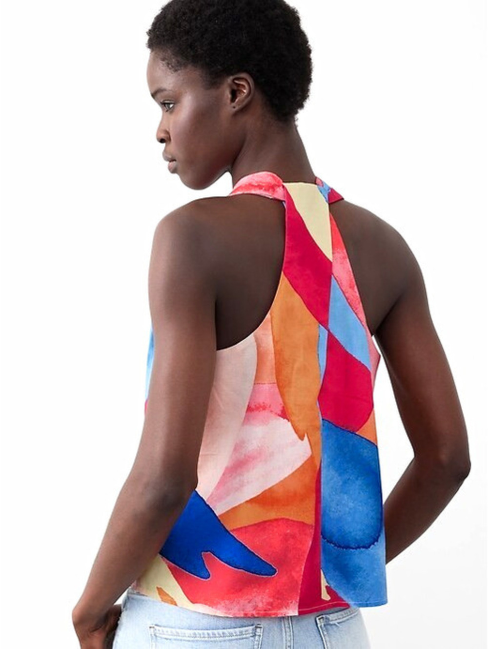 Banana Republic Linen Cotton Blend Abstract Tie-Neck V-Neck Crop Top Sz S